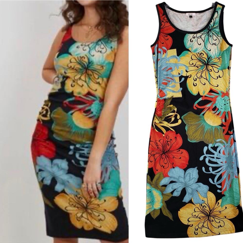 THE KIT Daniel Vosovic Floral Print Side Ruched Midi Tank Dress Size M/L